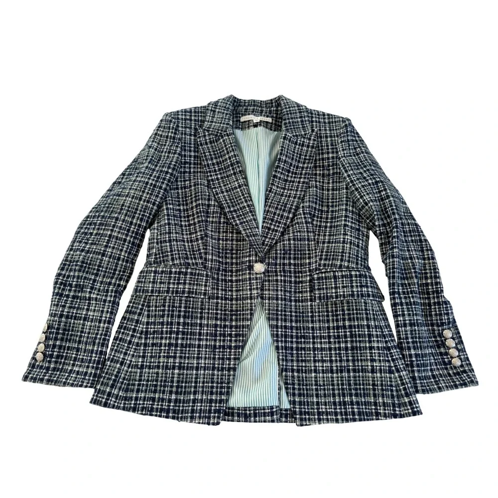 Veronica Beard Cutaway Dickey Blazer 8 Navy Plaid Tweed Quiet Luxury Jacket